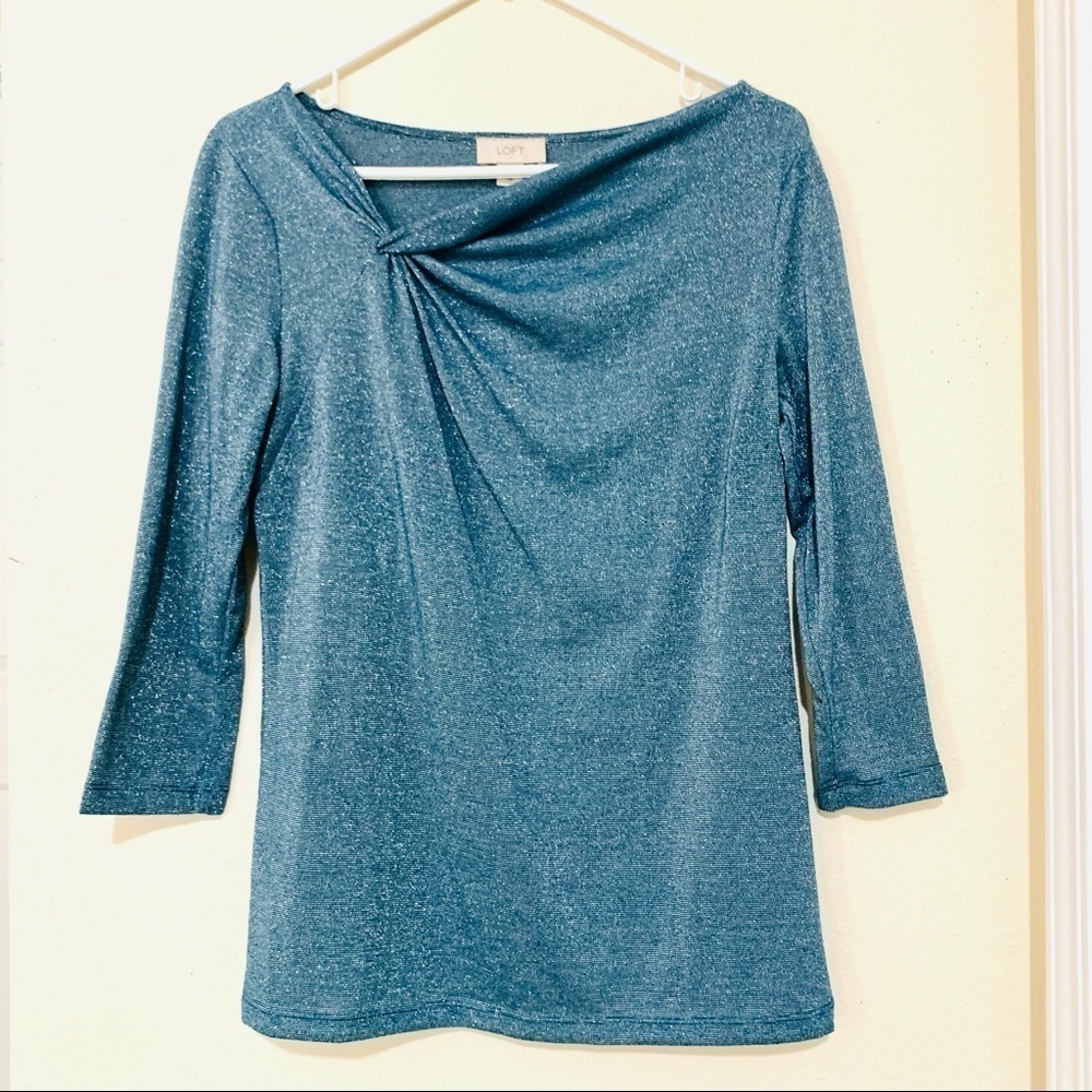 LOFT Blue Silver Metallic 3/4 Sleeve Top women M